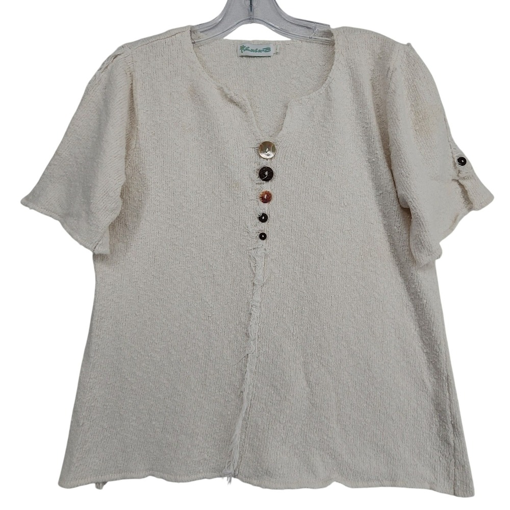 Lulu-B Large White Textured Knit Henley Top Coastal Boho Beachy ResortSummer Tee
